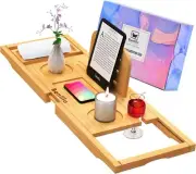 Luxury Bathtub Tray Caddy - Bath Expandable - Natural Bamboo Wood