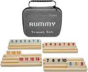 Travel Rummy Cube Set with 4 Wooden Racks, 106 Rummy Cube Game Tiles with Portab