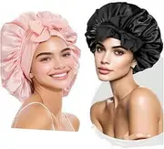 2 Pcs Mothers Day Gift Large Silk-Like Bonnet for Sleeping, Satin Hair Bonnet for Sleeping with Tie Band, Silky Soft Night Satin Bonnets for Women Men Natural Curly Hair Shower Cap,Imitation Silk Sleep Cap