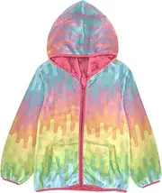 [GuoChe] Toddler Fleece Jacket With Hood Rounded Lines Rainbow Doodle Toddler Girl Winter Jacket pink Lightweight Zip Up 3T