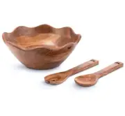 Wooden Salad Bowl with Serving Utensils Set of 3 | 12" Large Acacia Wood Frui...