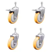 5 Inch 316SS Yellow Polyurethane 3/8 Inch Threaded Stem Caster Set 2 Lock Brake
