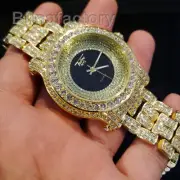 Men Hip Hop Iced Gold Plated Bling Black Dial Lab Diamond Rapper Metal Watch