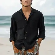 Men's Shirt Linen Shirt Casual Shirt Button Up Shirt Cotton Shirt Plain Vacation Hawaiian Black Long Sleeve Lapel Spring Fall Clothing Apparel Pocket