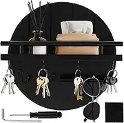 Wood Key Holder for Wall, Key Hanger with Shelf and Hooks Decorative Key Rack Circular Design Entryway Mail Organizer Wall Mounted for Home Decor Wall Decor