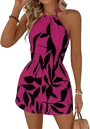 [LIGHT DOT] Women's Summer Jumpsuit One Piece Casual Shorts Outfit Leaf Printed Halter Tops Overall Romper