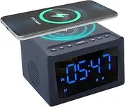 Laser Alarm Clock Radio with 10W Wireless Charger, Bluetooth Speaker, 1200mAh Battery, MicroSD USB Playback, Dual Alarm, FM Radio with Charging Station for Bedside Table, Desk, Home and Room Decor