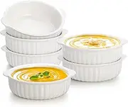 Mezchi 6 Pack Large Porcelain Ramekins, 14 Oz Ceramic Creme Brulee Souffle Baking Dishes with Handle, 5 Inch French Onion Soup Bowls for Ramen, Stew, Lava Cakes, Pot Pie, Oven Safe, White