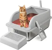 GazingMe Stainless Steel Cat Litter Box with Lid, 23.5”L x 15.5”W x11.8”H for Big Cats, Easy-to-Clean and Non-Sticky Extra Large Cat Little Tray, High Sides Enclosed Design for Anti-Urine Leakage