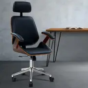 Wooden Office Chair Premium Leather High-Back Executive Computer Seat Black