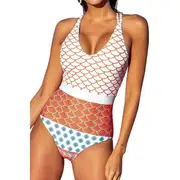 One Piece Swimsuit Scoop Neck Geo-Print Swimwear Bathing Suit, XXL