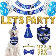 Dog Birthday Party Supplies, Dog Birthday Bandana Boy Set Includes Dog Birthday Hat,Scarf,Banner,Balloons and Bowtie with Numbers for Small,Medium,Large Dog Birthday Decorations Gift(Blue)