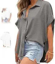 [BnMvF] Women's Casual Button Short Sleeve Slit Hem Shirt Solid Color Tops, Casual Loose Fit Tunic Top with Side Slits,Summer Solid Color Blouse (Small,Gray)