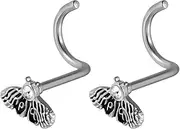 Niaspi 2Pcs 20G Surgical Steel Nose Screw Studs S-Shaped Corkscrew Nose Rings CZ Inlaid Butterfly Bee Nose Studs Rings Nostril Nose Piercing Jewelry for Women
