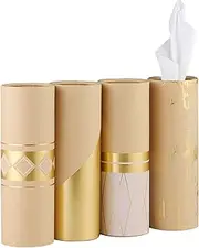 Car Tissue Holder with 3-ply Facial Tissues Bulk - 4 PK Gold Foil Cylinder, for Car, Travel Cup Holder, Refill Box Round Container Kraft