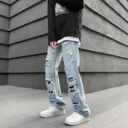 Men Denim Jeans Wide Leg Pants Ripped Distressed Bootcut Regular Trouser Fashion