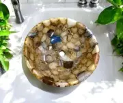15" Round Natural Agate Stone Bathroom Sink Luxury Kitchen Countertop Sink Decor