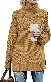 [Dcharme] Womens Long Sleeve Turtleneck Pullover Chunky Knit Loose Stretchy Vintage Warm Sweater Khaki M