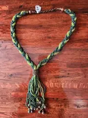 Vintage Seed Bead Lariat Dark Light Green Glass Beads