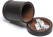 RERIVER PU Leather Dice Cup with Lid, Dark Chocolate Leatherette and Dark Brown Felt-Lined Quiet Dice Shaker Cup, Including 6 Black Dot Dice for Liars Dice/ Farkle/ Yahtzee Games, 1 Pack