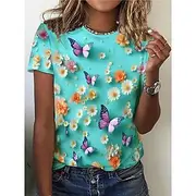 Women's T Shirt Summer Tops Floral Butterfly Classic Casual Short Sleeve Crew Neck Crop Tops Daily Weekend Print Rainbow Summer Spring Fall