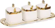 Fvstar Sugar Bowl with Lid and Spoon, Ceramic Spice Container Jars with Tray, Salt and Sugar Containers Set, Gold Condiment Pots Seasoning Box Set for Kitchen Coffee Bar, White