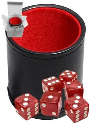 (6) 16mm Marbleized Dice Red + Black PU Leather Red Felt Lined Cup Sealed Box