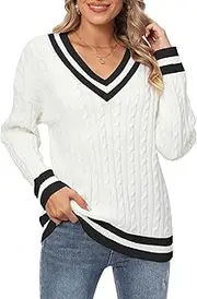 [Jollycode] Women's Cable Knit V Neck Sweaters Casual Long Sleeve Pullover Striped 2023 Trendy Loose Preppy Jumper Top