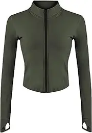 [Sukany] Women's Lightweight Full Zip Running Track Jacket Workout Slim Fit Stretchy Athletic Yoga Sportwear with Thumb Holes, Army Green, XS