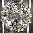 Farm Sweet Farm Chicken Black White & Cream Deco Mesh Front Door Wreath Decor