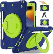 Andnary Case for iPad 10.2 inch 9th/8th/7th Generation, Heavy Duty Shockproof Cover with 360° Rotating Handle/Bracket/Pen Holder/Shoulder Strap, Kid Case for iPad 2021/2020/2019, Navy+Green