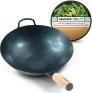 Pre Seasoned Flat Bottom Wok, 12 Inch Blue Carbon Steel Chinese Pow Wok