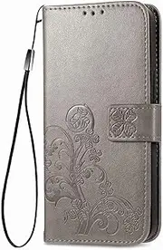 [AMWEI] Case for Motorola Moto Edge 30 neo/Edge 30 Lite, Premium TPU/PU Leather Foldable Lucky Clover Embossed Protective Mobile Phone Case with Stand Function & Card Slots, Grey