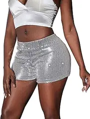 [FEOYA] Women's High Elastic Waist Glitter Sequins Shorts Sparkly Straight Leg Party Shorts Metallic Hot Pants Club Party