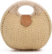 [Ynport] Straw Purses for Women Summer Beach Rattan Tote Bag Round Handle Ring Handbag Retro Handmade Woven Shell Bag