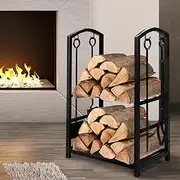 [Traderight] Firewood Storage Rack, Metal Fireplace Rack, 2-Tier Small Indoor Outdoor 4 Fireplace Tool Hooks Log Wood Holder Steel Large Holder Storage Raised Base, For Garden,Beside Fire Pits