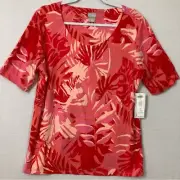 New Chico's Red Tropical Leaf Print Crew Neck Stretch Short Sleeve Top Large / 2