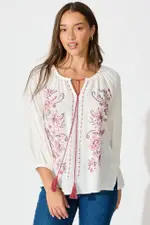 Tasha Top Full Length Sleeve in White with Floral Embroidery 8