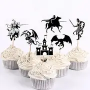 24Pcs Dragon Knight Birthday Cupcake Toppers Castle Cupcake Picks Flying Dragon Theme Birthday Party Decorations for Medieval Theme Fairy Tale Fantasy Birthday Baby Shower 1st Birthday Party Supplies