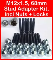 M12 x 1.5 68mm Stud Adapter Kit for VW Volkswagen Inc Nuts + Locks (Silver)