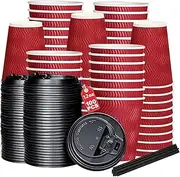 TNGAMFGT 100pcs Disposable Paper Cups12oz,Paper Coffee Cups w/Lids, No Sleeve Needed Cups for Hot Cold Drink Chocolate Juice Tea, Ideal for Home, Parties, Weddings（12oz，100 Pack，Red）