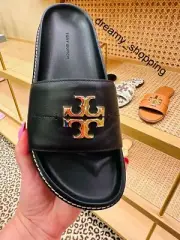 NIB Tory Burch Everly Anatomic Lug Slide Black Nappa Leather Logo MANY SIZES
