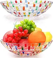 Tlence 2 Pack Colorful Crystal Glass Fruit Bowls, 10" Hand Painted Woven Art Glass Bowl, Decorative Large Plate to Display Salad Dessert Cake Candy Snack for Home Office Wedding Centerpiece Decor