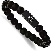 [JewelryWeb] Stainless Steel Brushed Black Ip Plated With White Enamel Medical ID 8.5mm Black Agate Beaded Stretch Bracelet Identification-Bracelet for Women
