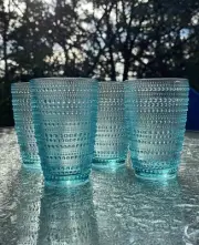 Set of 4 Teal Blue Vtg Style Hobnail Highball Tall Glass Drinking Glasses