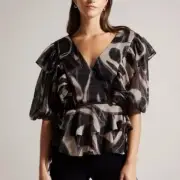 Ted Baker Jasmyna Metallic Purple Tiered Ruffled Puff Sleeve Top NWT Size 0/US 2