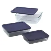 Pyrex Storage Set Rectangle Glass Preheated Oven Safe 6-Piece with Blue Lids