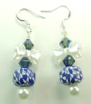 Blue & White Polymer Clay Earrings & Pearls Bows & Crystal Handmade Jewelry