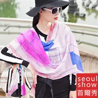 在飛比找PChome24h購物優惠-seoul show首爾秀 普普條格60支紗羊毛圍巾披肩 粉