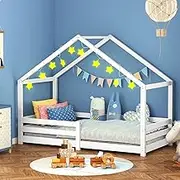 ALFORDSON Kids Bed Frame Wooden Timber House Frame Single Mattress Base Platform, Solid Pine Wood Bed Base Foundation Children's Beds, Nellie Series Bedroom Furniture (White)